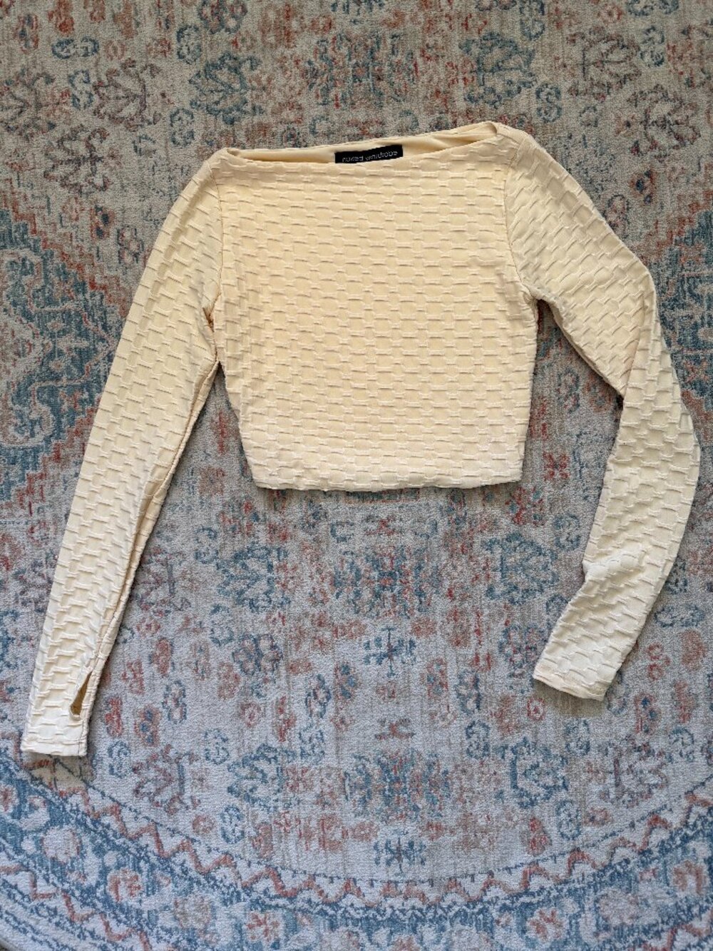 Naked Wardrobe Textured Honeycomb Cropped Long Sleeve Top : Small